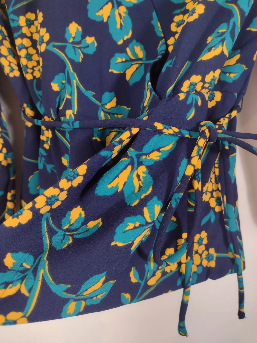 J. Crew Blue Yellow Floral Faux Wrap Tie Waist Peplum Long Sleeve Blouse Size M